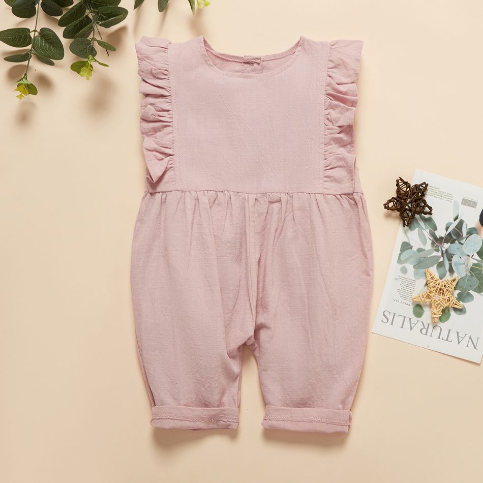 Solid Ruffle Decor Sleeveless Baby Jumpsuit Light Pink