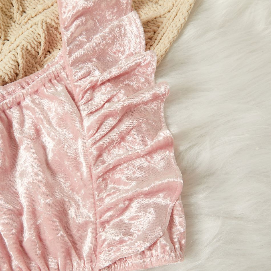 2-piece Toddler Girl One Shoulder Ruffled Strap Top and Bowknot Decor Elasticized Shorts Velvet Set Pink big image 5