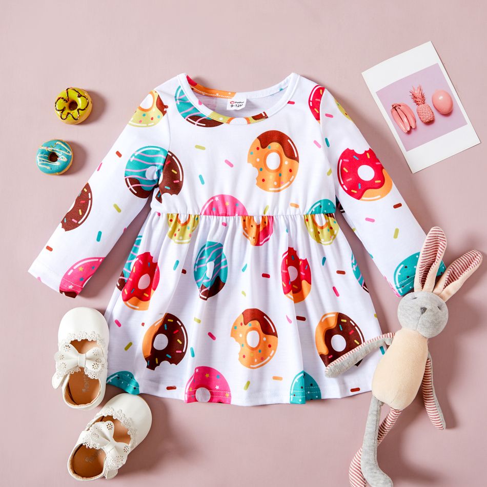 Baby Girl Food Donuts Print Long-sleeve Dress Multi-color