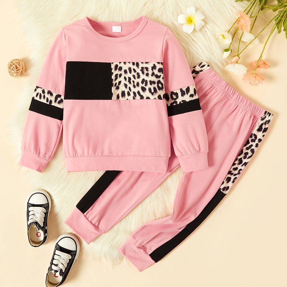 2-piece Baby / Toddler Girl Splice Colorblock Leopard Print Long-sleeve Pullover and Pants Set Pink