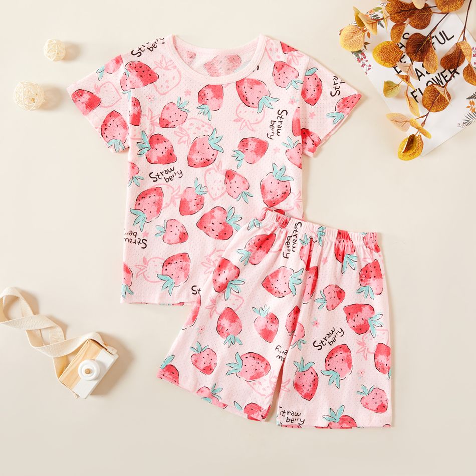 Kids Girl Strawberry Allover Print Tee and Shorts Set Pink