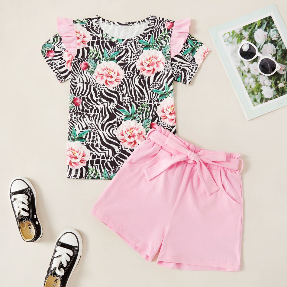 Kids Girl Rose Zebra Striped Ruffled Contrast Tee and Bownot Shorts Set Pink