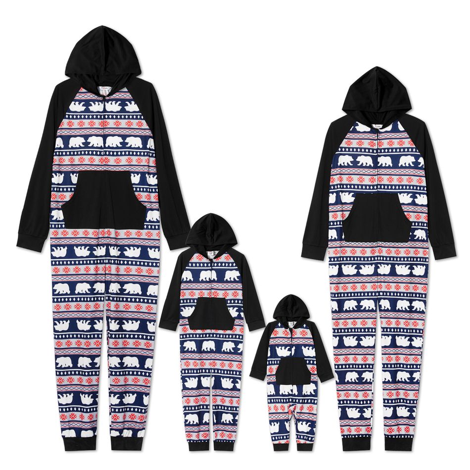 Family Matching Christmas Bear Print Hooded Onesies Pajamas Sets (Flame Resistant) Color block