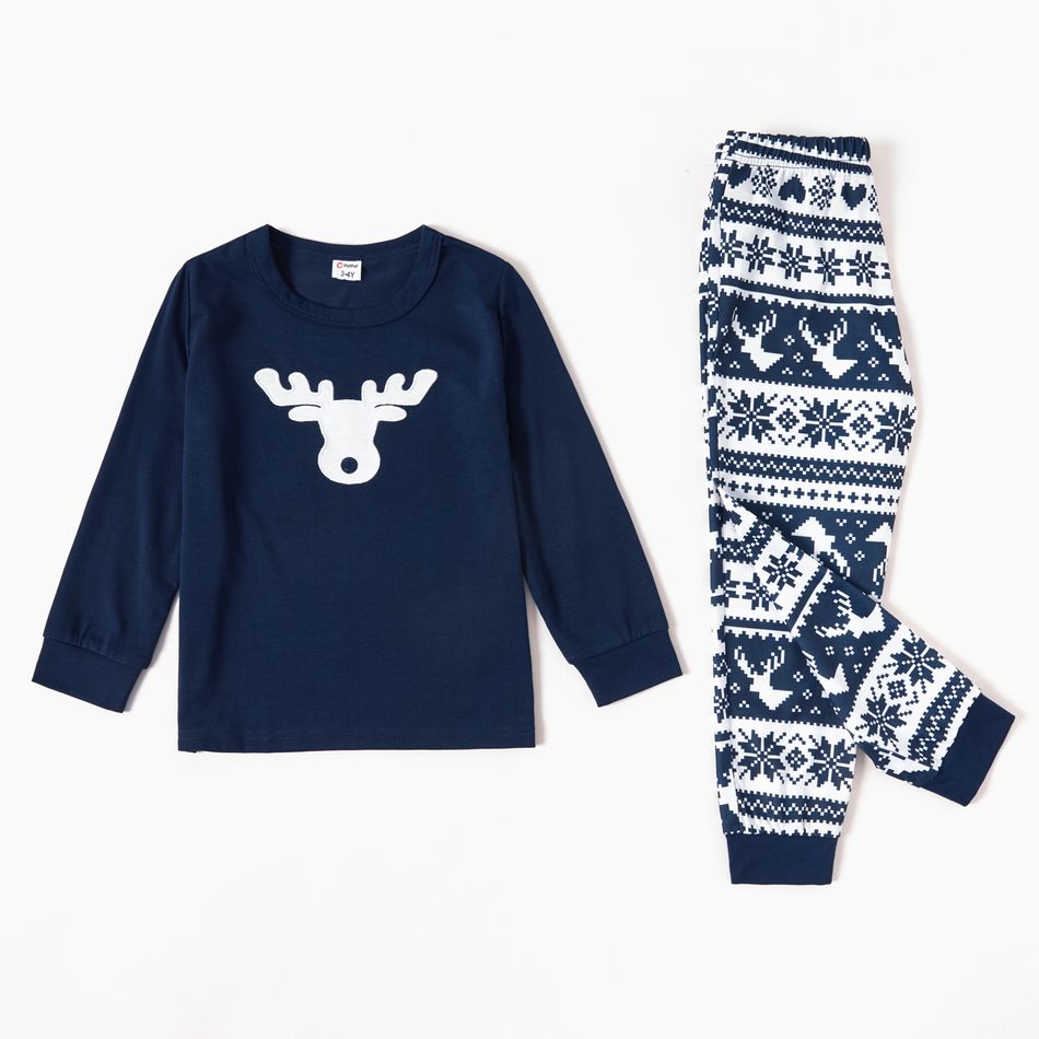 Family Matching Reindeer Print Christmas Pajamas Sets (Flame Resistant) Dark Blue big image 6