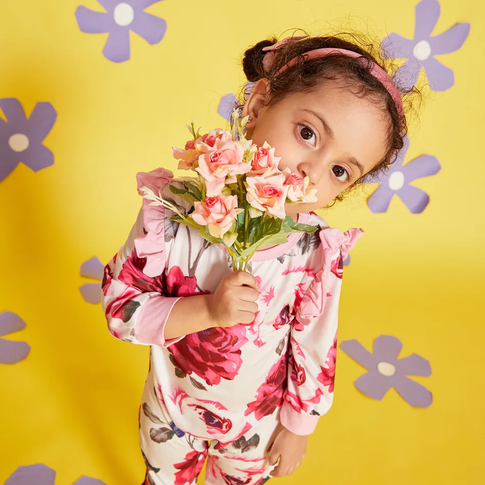 تكدرت الأزهار المطبوعة طويلة الأكمام بذلة الطفل زهري big image 8
