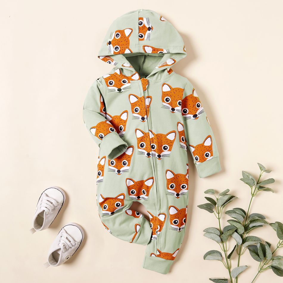 Fox Allover Hooded Long-sleeve Green Baby Jumpsuit Green