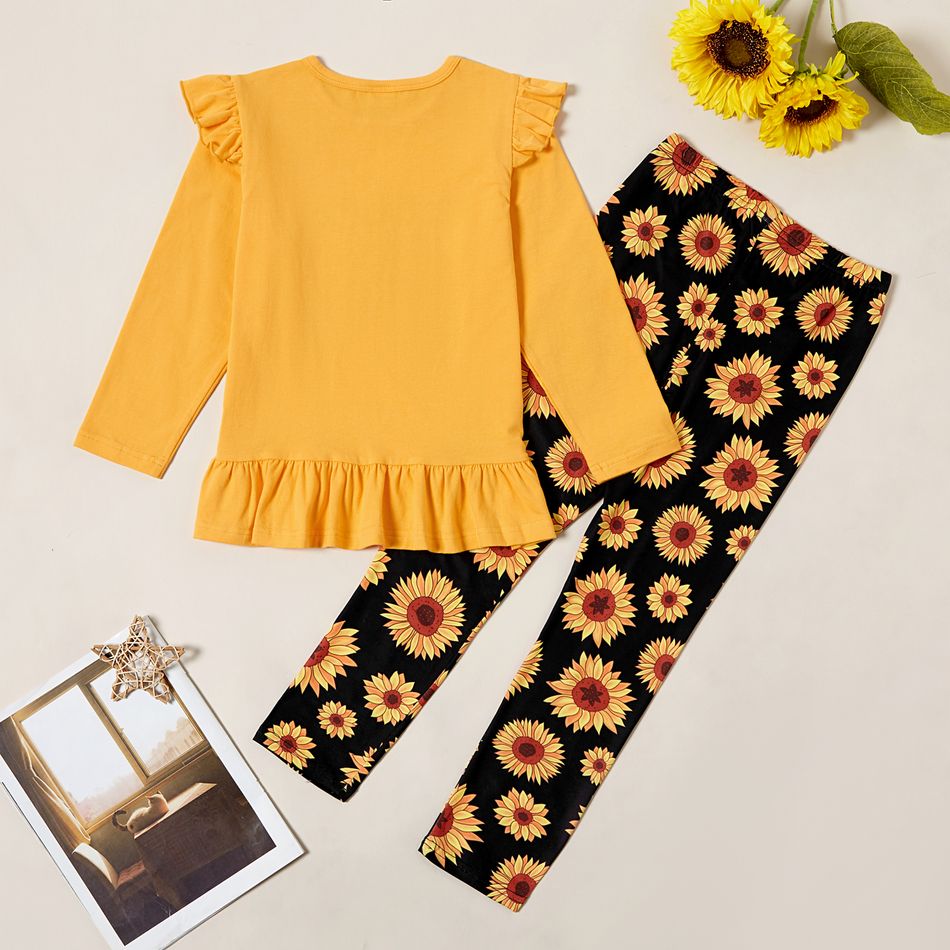 2-piece Kid Girl Letter Print Ruffled Long-sleeves Tee and Sunflower Allover Print Pants Set Yellow big image 2