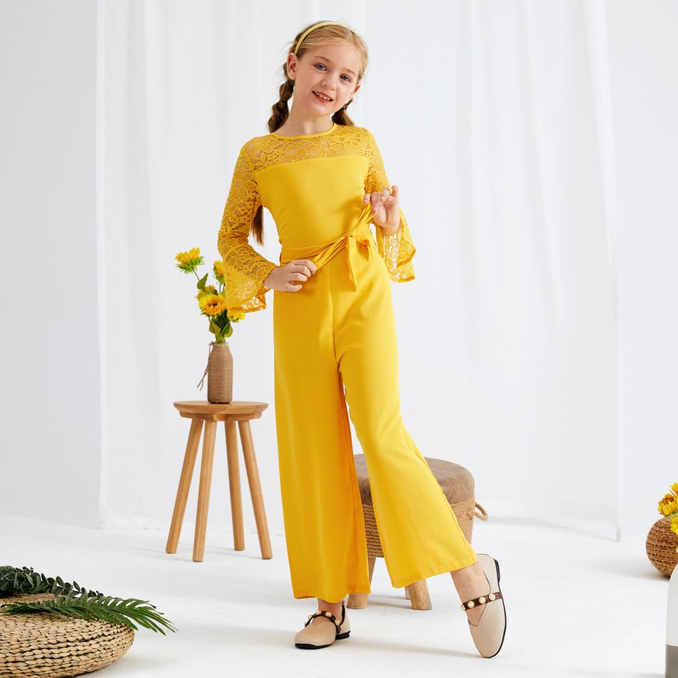 Kid Girl Flower Embroidery Lace Hollow out Bell sleeves (Multi Color Available) Jumpsuits with Belt Yellow big image 2