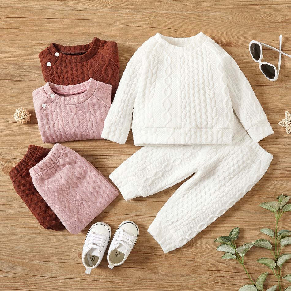 2pcs Baby Boy/Girl Solid Long-sleeve Imitation Knitting Set White big image 6