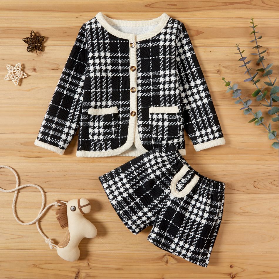 2-piece Elegant Houndstooth Long-sleeve Top and Shorts Set Black