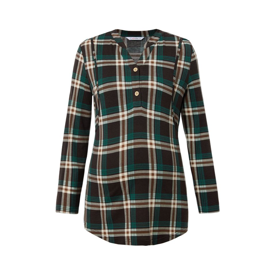 Maternity V-neck Plaid full print Khaki Long-sleeve Nursing Tee Khaki