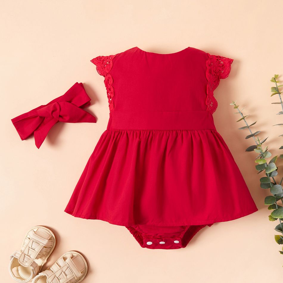 100% Cotton Lace decor Flutter-sleeve Red Baby Set Red big image 1