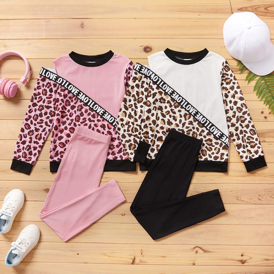 2-piece Kid Girl Letter Leopard Print Cold Shoulder Long-sleeve Top and Solid Leggings Set Pink