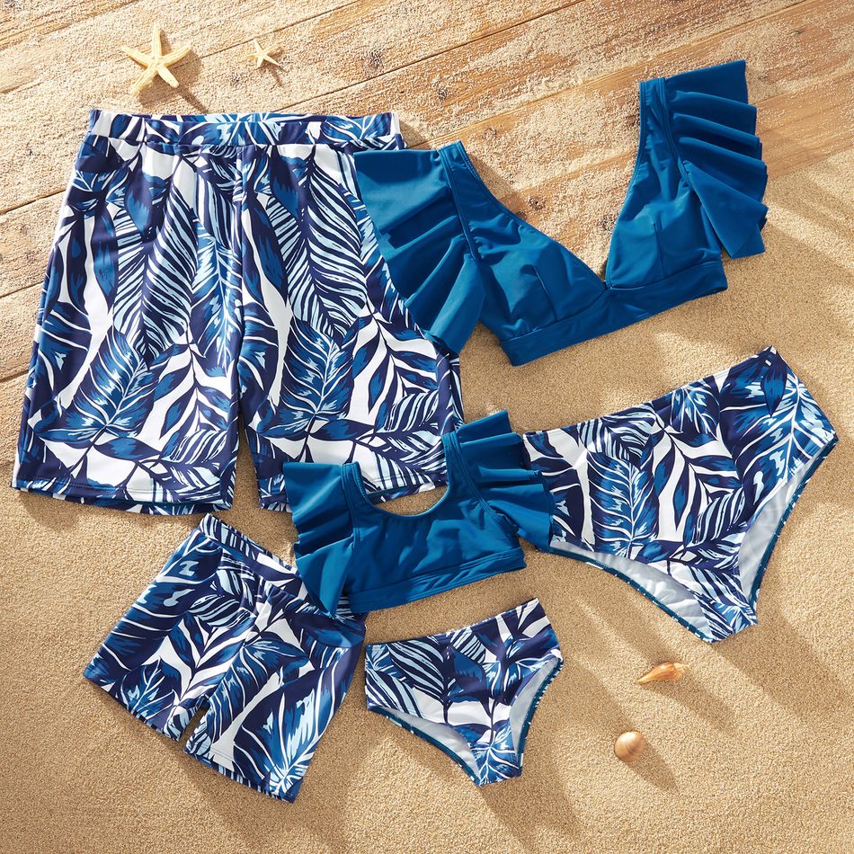 Flutter-sleeve Leaf Print Family Matching Swimsuits Navy
