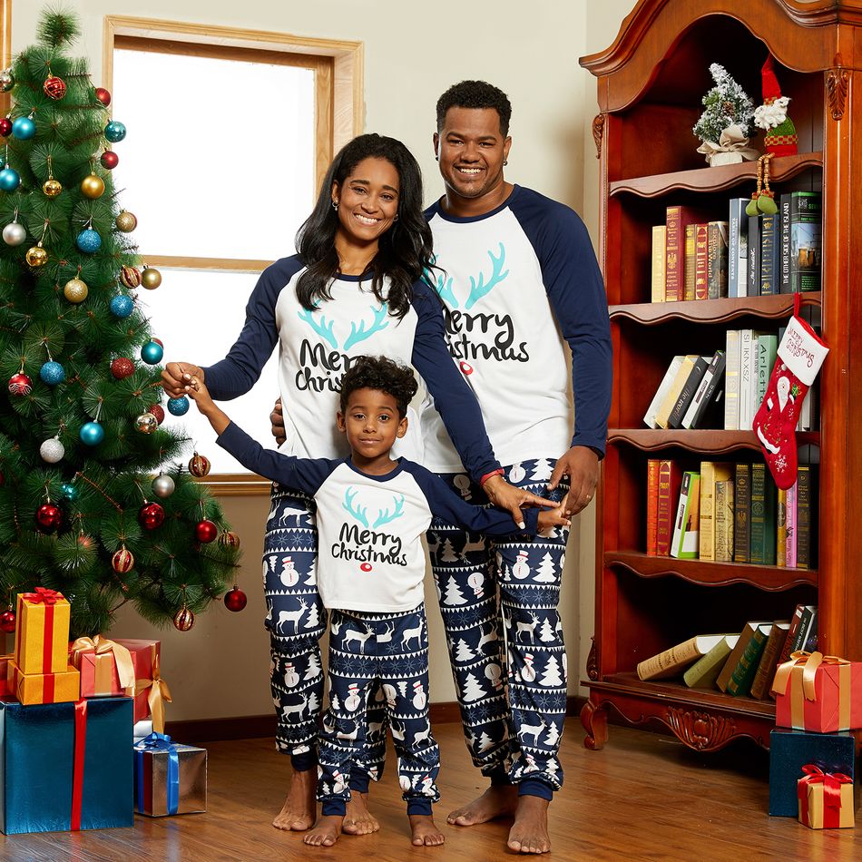 Christmas Antler Letter Top and Snowman Reindeer Print Pants Family Matching Pajamas Sets (Flame Resistant) Dark Blue big image 12