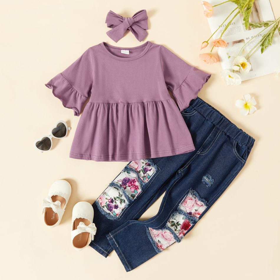 3-piece Baby / Toddler Girl Casual Solid Bell Sleeves Top and Floral Cropped Pants with Headband Set Lavender