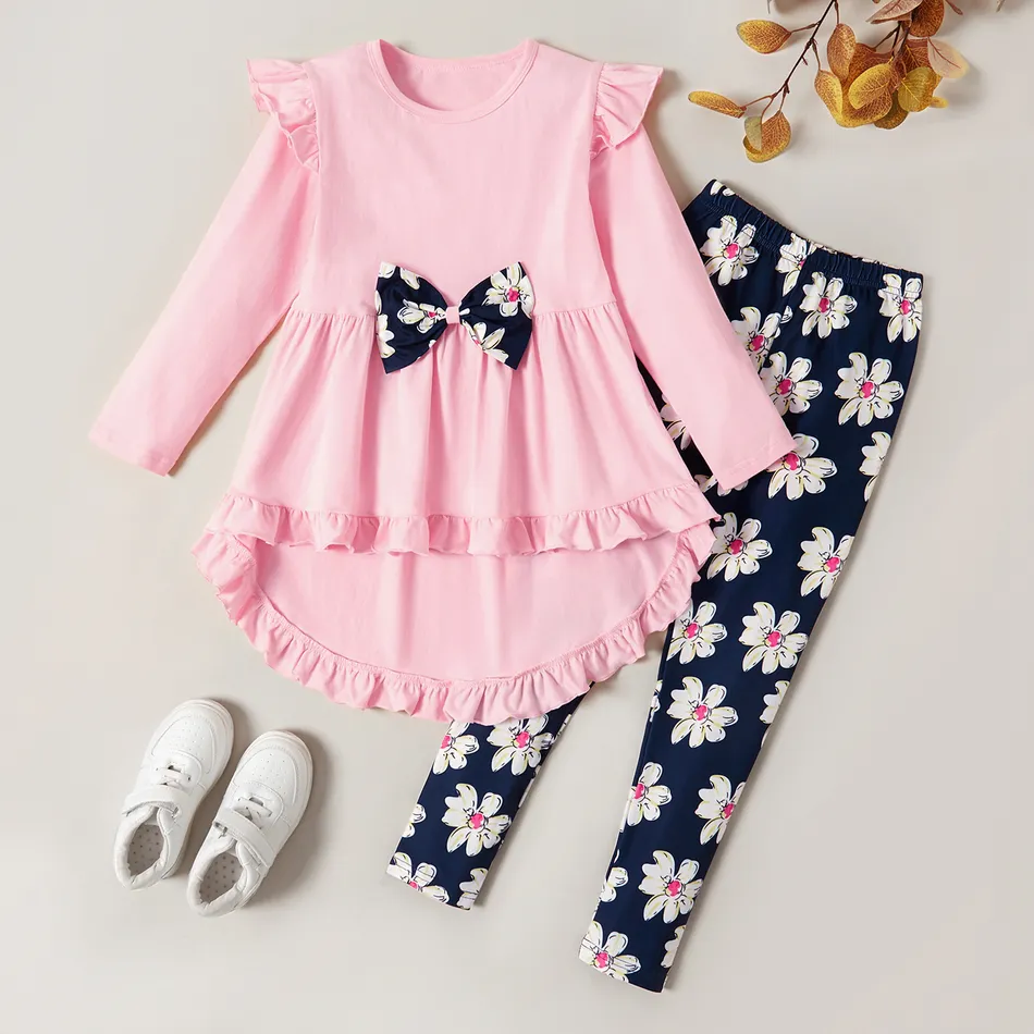 2-piece Kid Girl Bowknot Ruffled Long-sleeves Tee and Flower Allover Print  Pants Pink big image 1