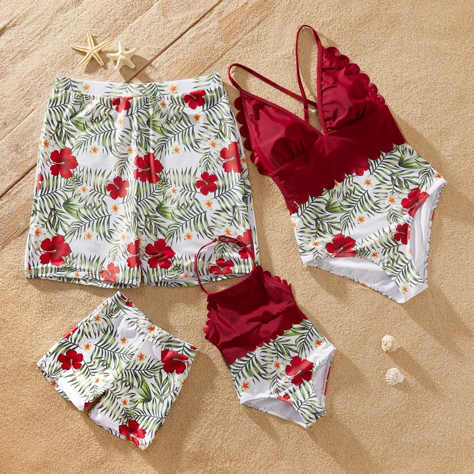 Family Look Floral Print Stitching Solid One-piece Matching Swimsuits Burgundy