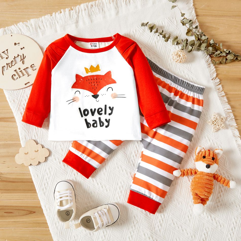 2pcs Baby Boy/Girl Cartoon Fox and Letter Print Raglan Long-sleeve T-shirt and Striped Trousers Set Orange