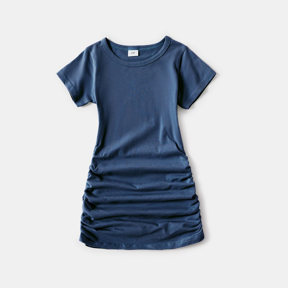 Light Green Solid Drawstring Design Cotton Short Sleeve Mini Dresses for Mommy and Me Deep Blue big image 3