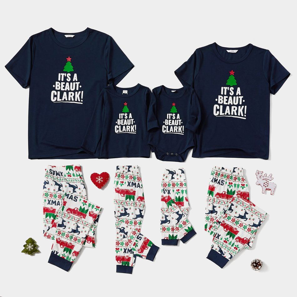 Christmas Letter Short-sleeve Top and Reindeer Pants Family Matching Pajamas Sets (Flame Resistant) Dark Blue big image 2