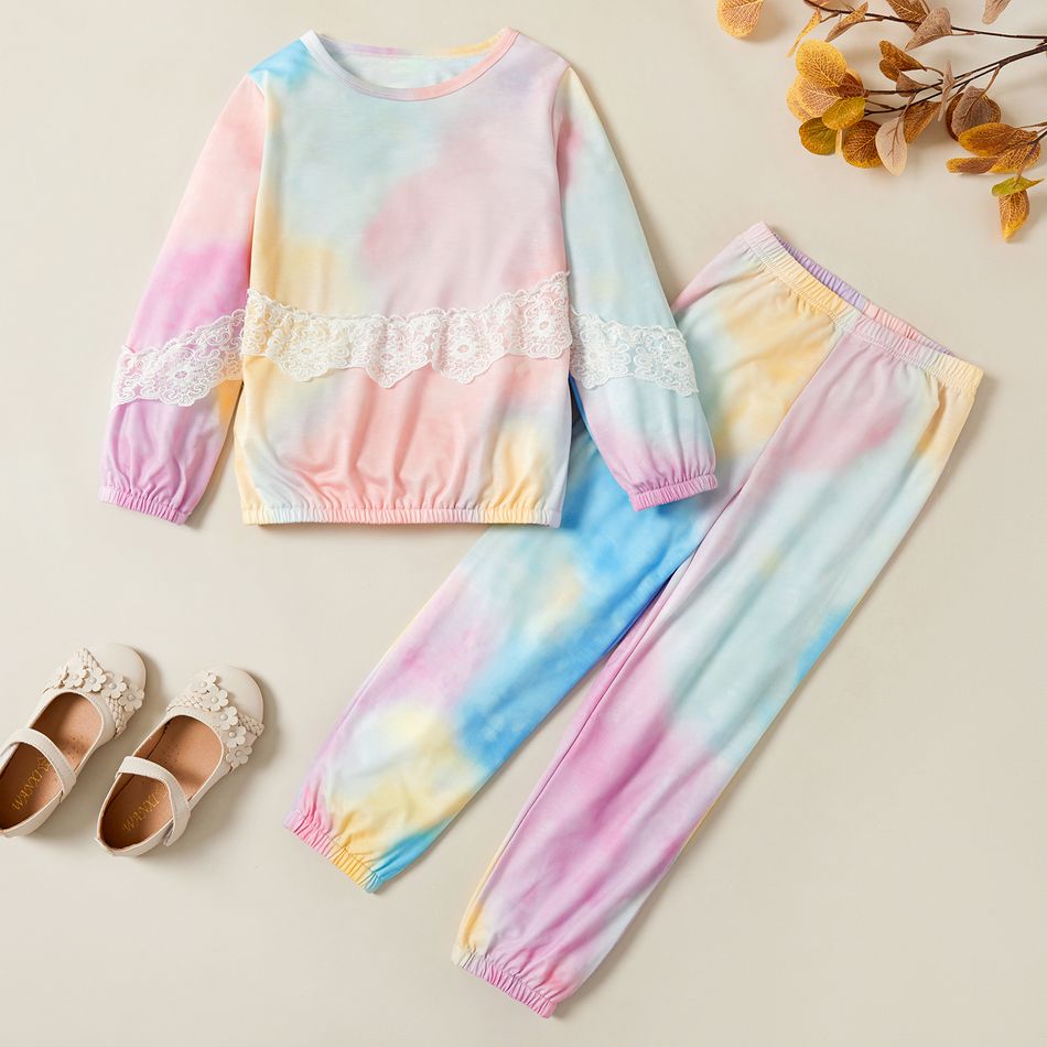 Trendy Tie Dye Ruffled Lace Longsleeves Tee and Pants Set Multi-color