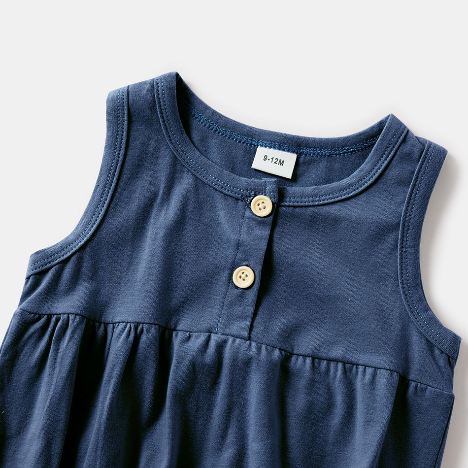 Light Green Solid Drawstring Design Cotton Short Sleeve Mini Dresses for Mommy and Me Deep Blue big image 6