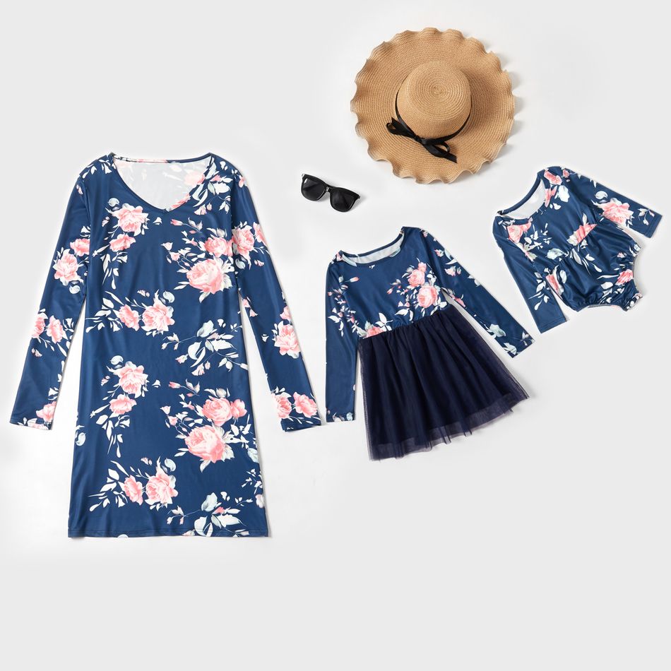 Floral Print Matching Long Sleeve Dresses for Mom and Me Dark Blue