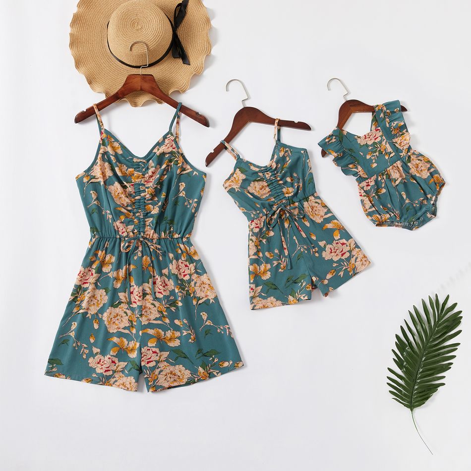 Mommy and Me Floral Print Short Tank Rompers Bluish Grey