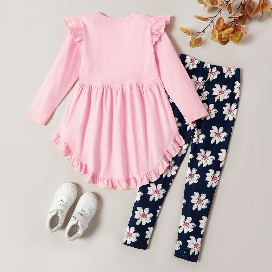 2-piece Kid Girl Bowknot Ruffled Long-sleeves Tee and Flower Allover Print Pants Pink big image 2