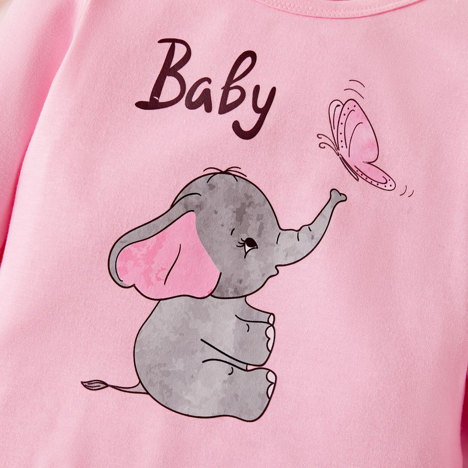 2-piece Baby Girl Elephant Butterfly Letter Print Long-sleeve Bodysuit Romper and Mermaid Tail Pants Set Pink big image 3