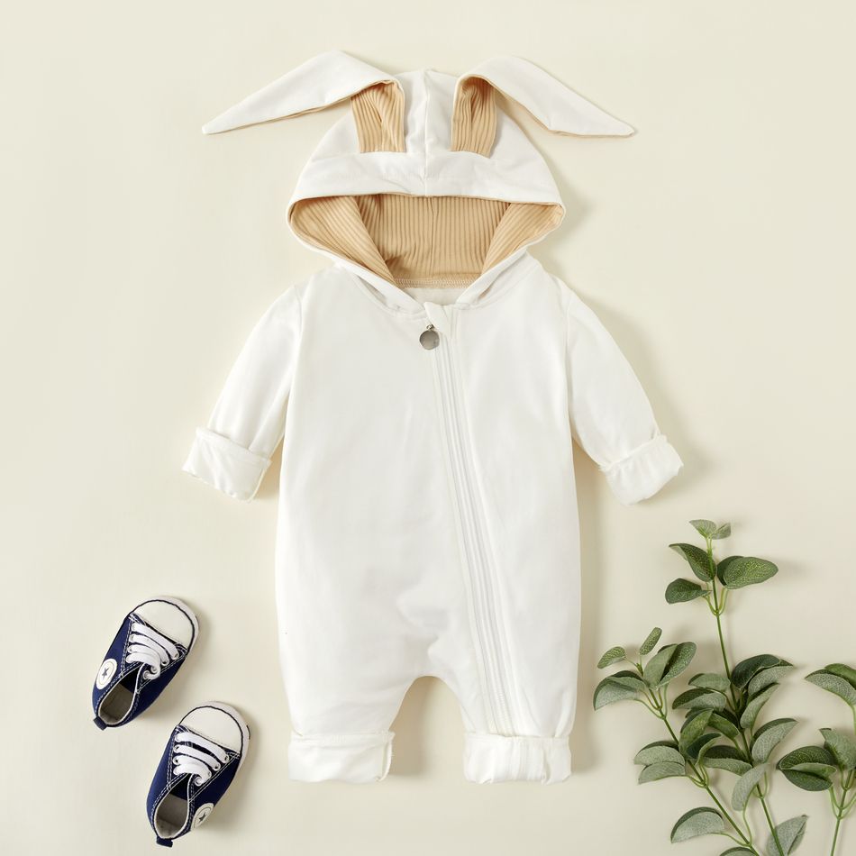 100% Cotton Color Block Hooded 3D Rabbit Ear Design Baby Jumpsuit White big image 6