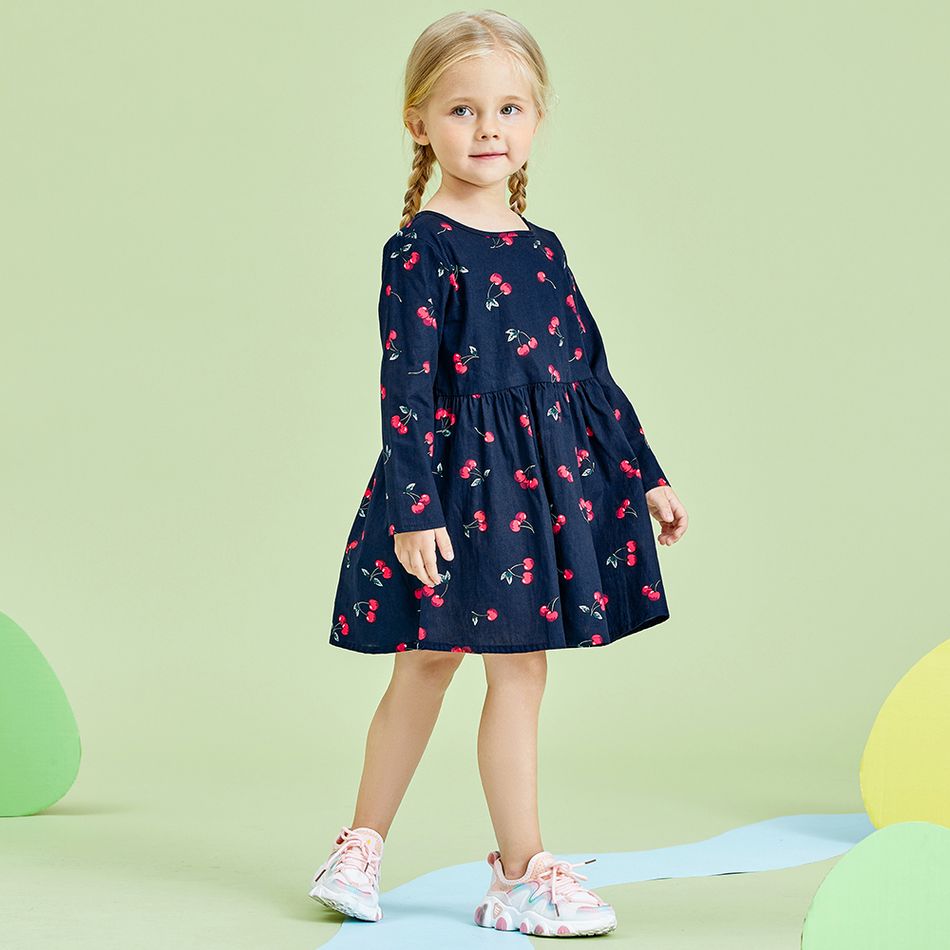 Baby / Toddler Girl Cherry Print Long-sleeve Dress Dark Blue/white big image 8