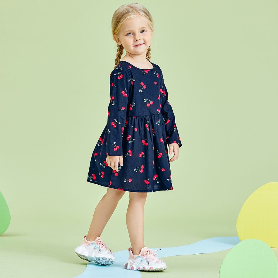 Baby / Toddler Girl Cherry Print Long-sleeve Dress Dark Blue/white big image 9
