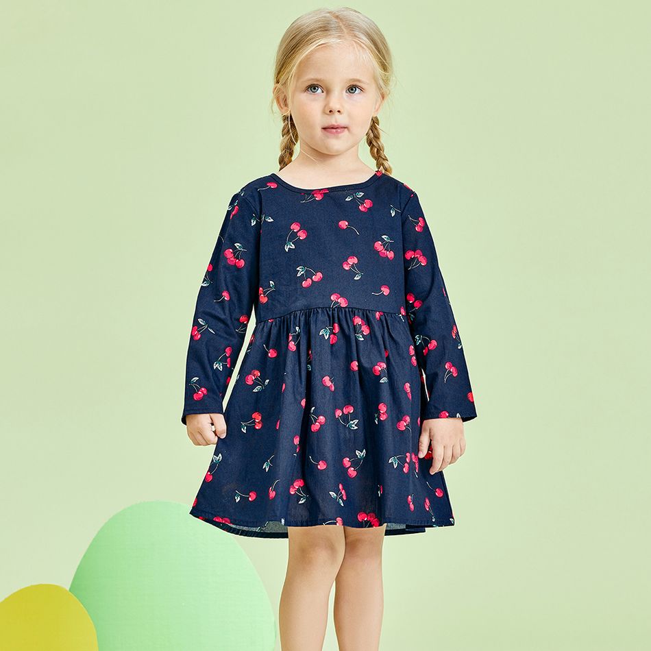 Baby / Toddler Girl Cherry Print Long-sleeve Dress Dark Blue/white