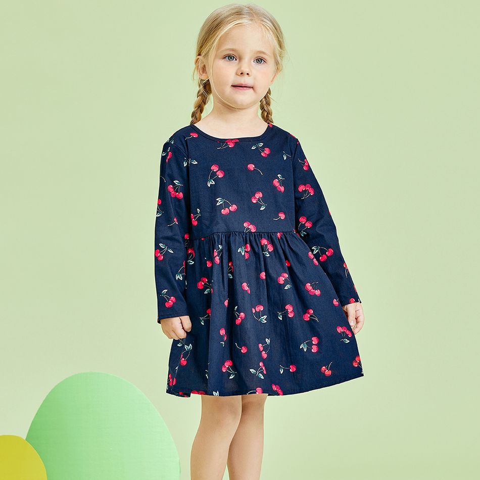Baby / Toddler Girl Cherry Print Long-sleeve Dress Dark Blue/white big image 6