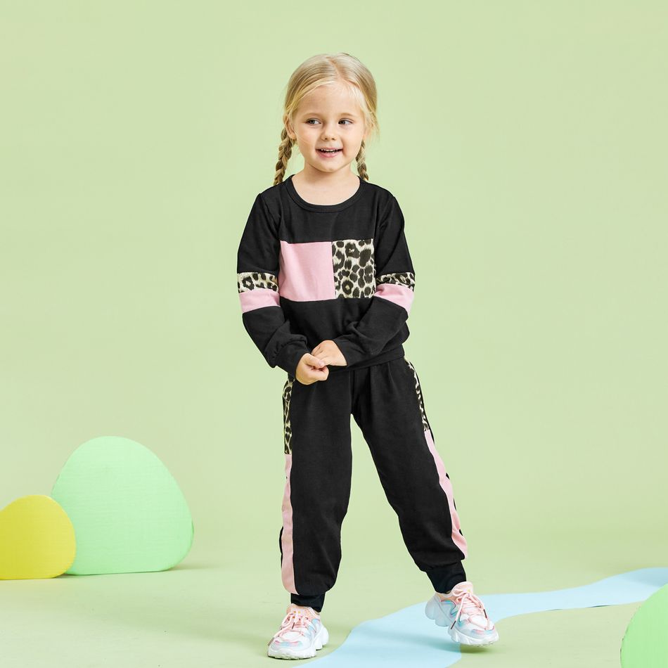 2-piece Baby / Toddler Girl Splice Colorblock Leopard Print Long-sleeve Pullover and Pants Set Black big image 9