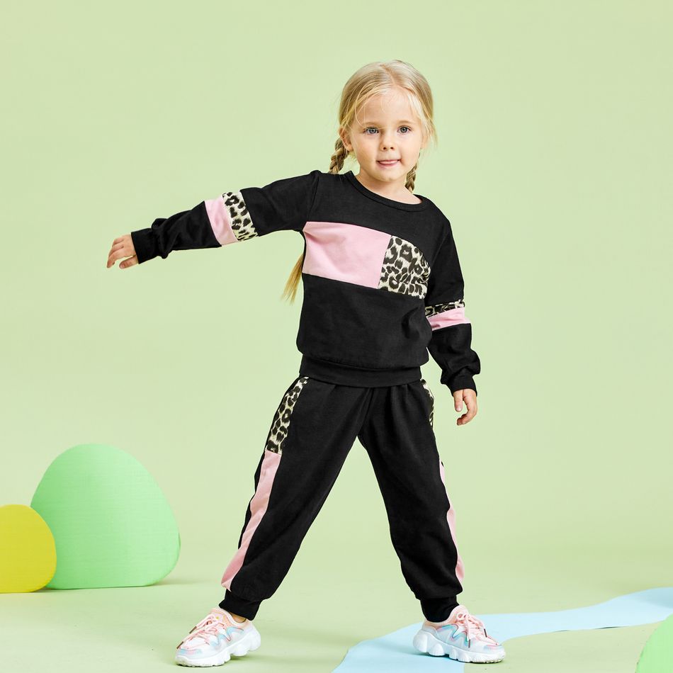 2-piece Baby / Toddler Girl Splice Colorblock Leopard Print Long-sleeve Pullover and Pants Set Black big image 10
