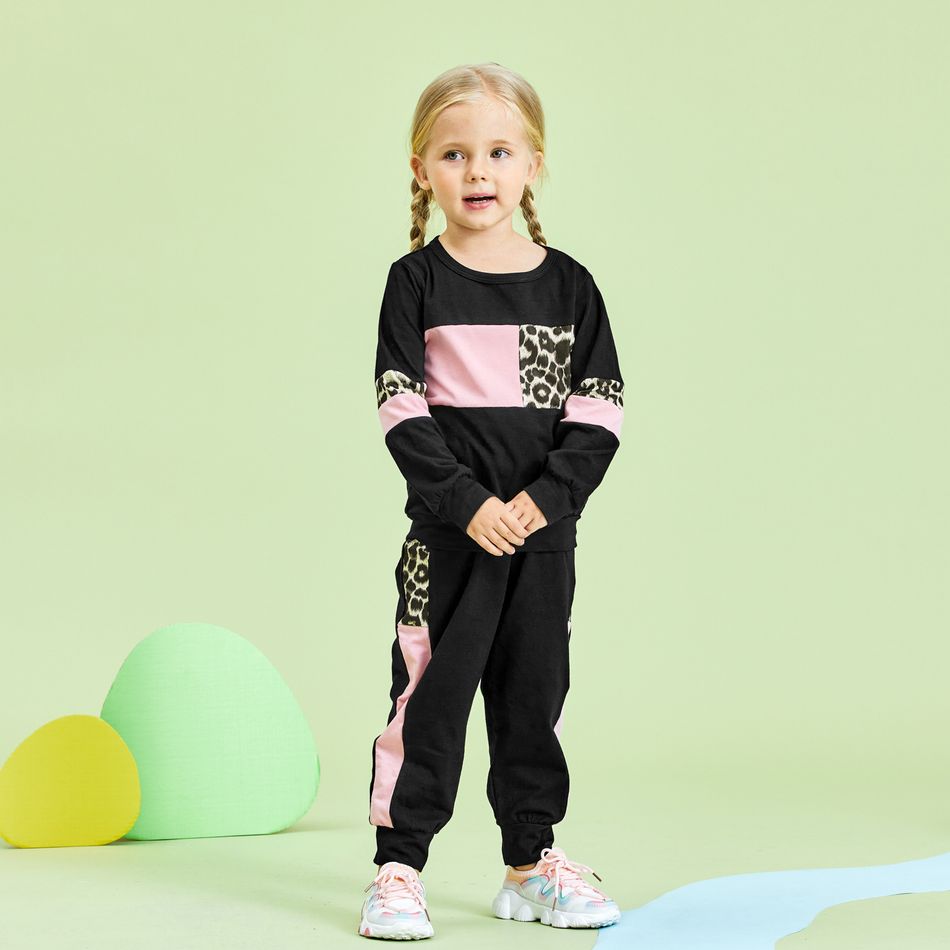 2-piece Baby / Toddler Girl Splice Colorblock Leopard Print Long-sleeve Pullover and Pants Set Black big image 11