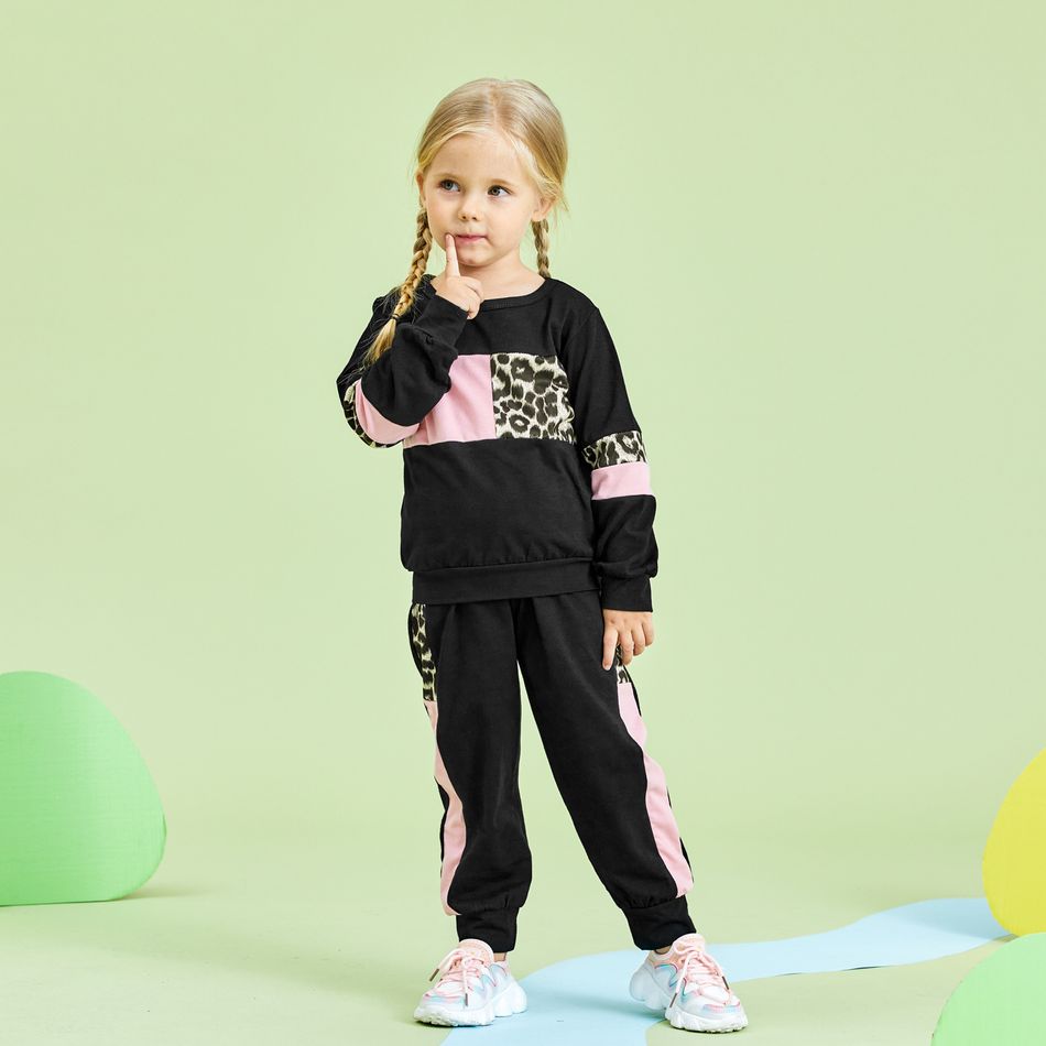 2-piece Baby / Toddler Girl Splice Colorblock Leopard Print Long-sleeve Pullover and Pants Set Black big image 7