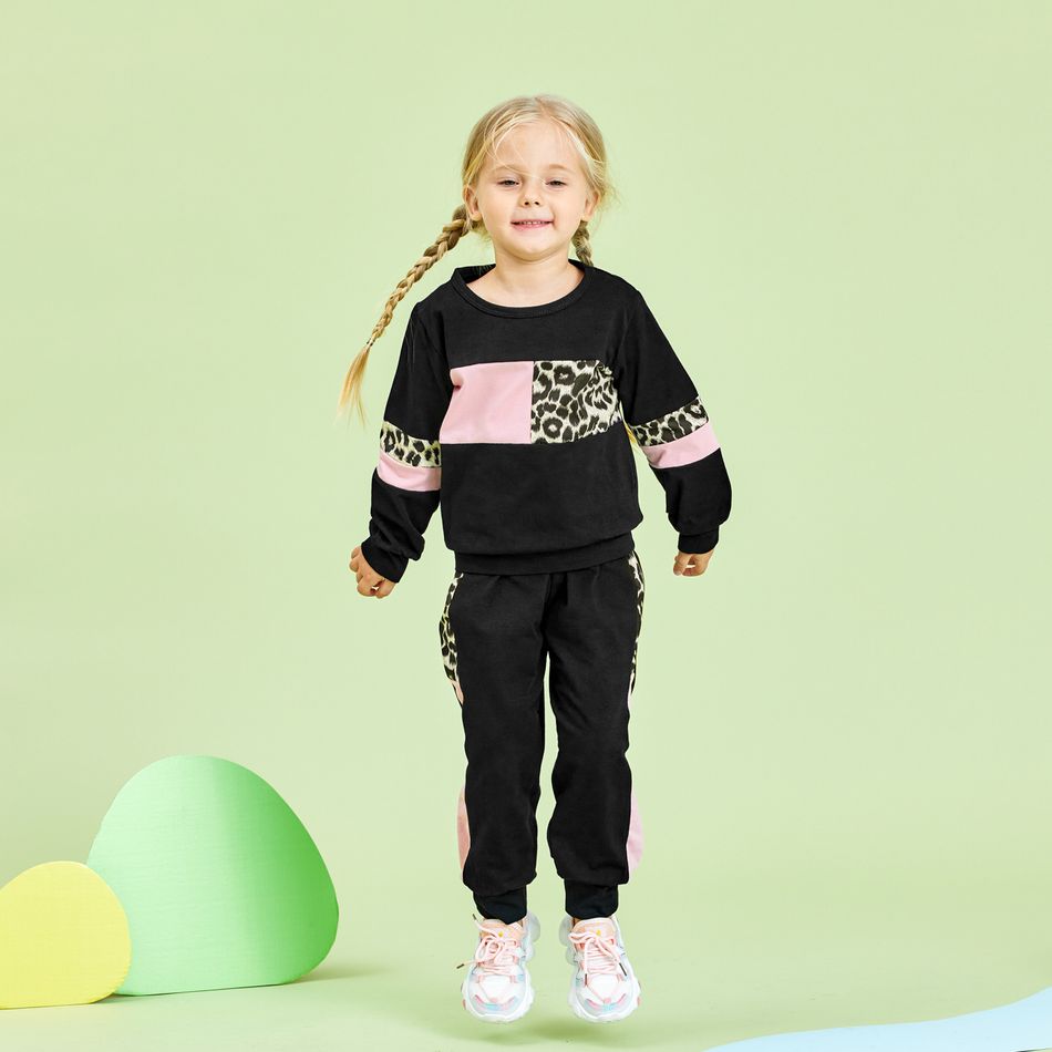 2-piece Baby / Toddler Girl Splice Colorblock Leopard Print Long-sleeve Pullover and Pants Set Black big image 8