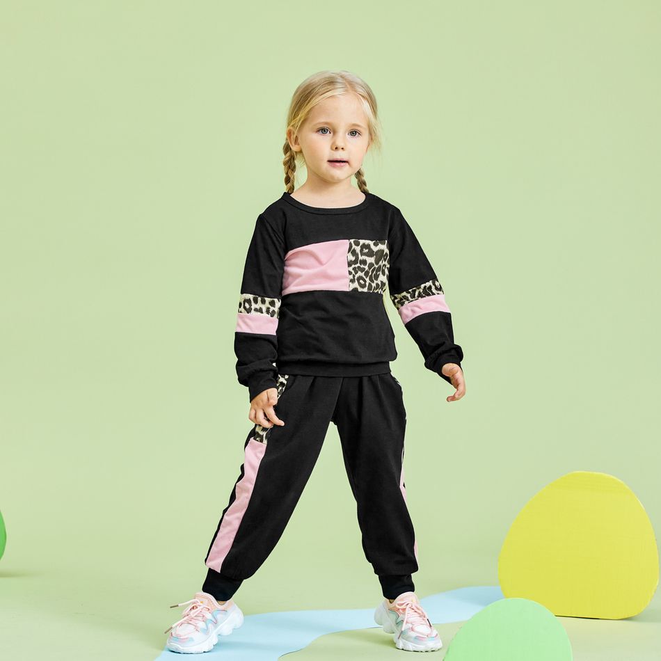 2-piece Baby / Toddler Girl Splice Colorblock Leopard Print Long-sleeve Pullover and Pants Set Black big image 12