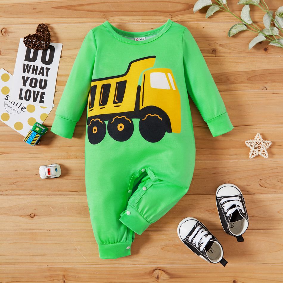 Baby Boy Vehicle Truck Print Long-sleeve Jumpsuit Green