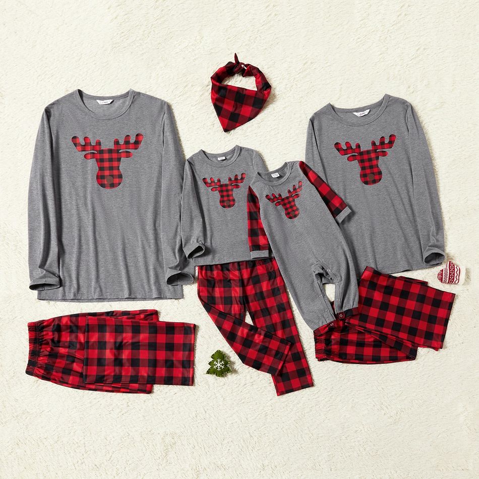 Family Matching Plaid Reindeer Print Christmas Pajamas Sets (Flame Resistant) Grey