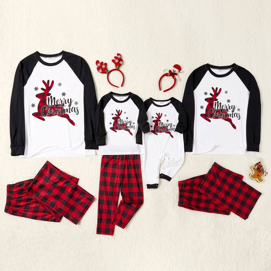 Family Matching Plaid Deer Print Christmas Pajamas Sets (Flame Resistant) Color block big image 1
