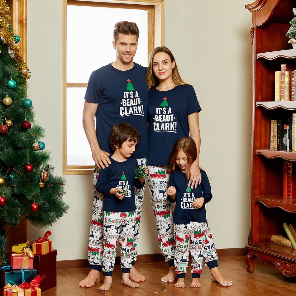 Christmas Letter Short-sleeve Top and Reindeer Pants Family Matching Pajamas Sets (Flame Resistant) Dark Blue big image 12
