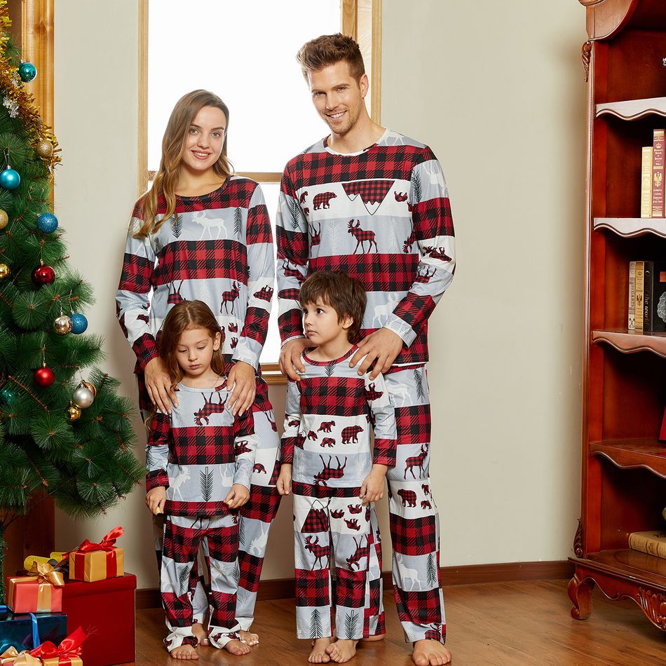 Family Matching Bear and Reindeer Print Plaid Christmas Pajamas Sets (Flame Resistant) Multi-color