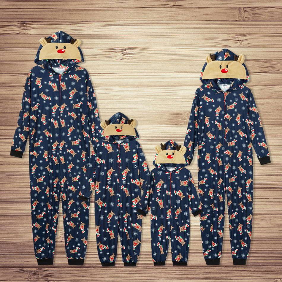 Mosaic Reindeer Family Matching Hooded Onesies Pajamas for Dad - Mom - Kid - Baby (Flame Resistant) Dark Blue