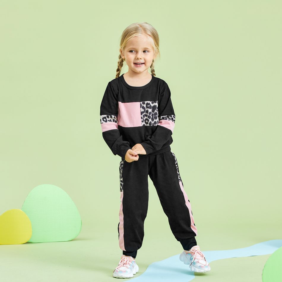 2-piece Baby / Toddler Girl Splice Colorblock Leopard Print Long-sleeve Pullover and Pants Set Black big image 2