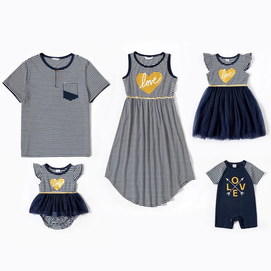 Mosaic Love Heart Pattern Family Matching Striped Sets Navy big image 1